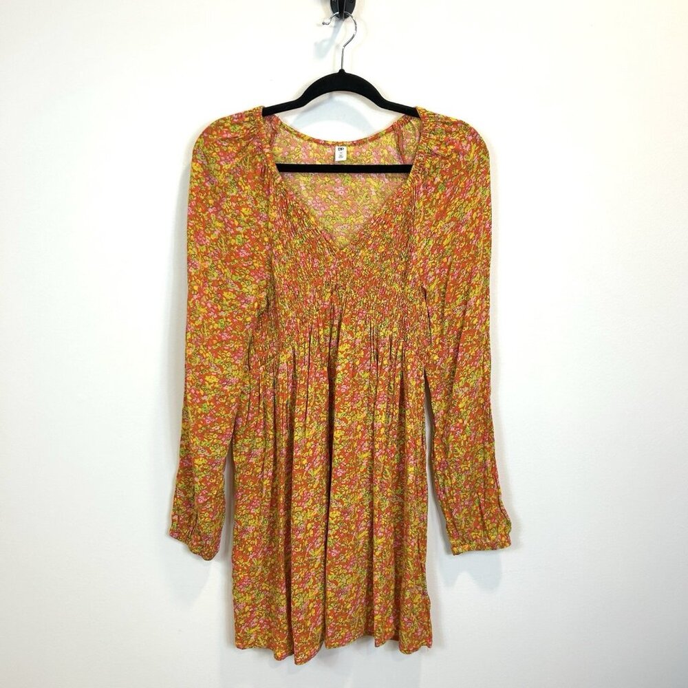 BP. Medium V-Neck Long Sleeve Babydoll Minidress - Red Multi Hannah Kate